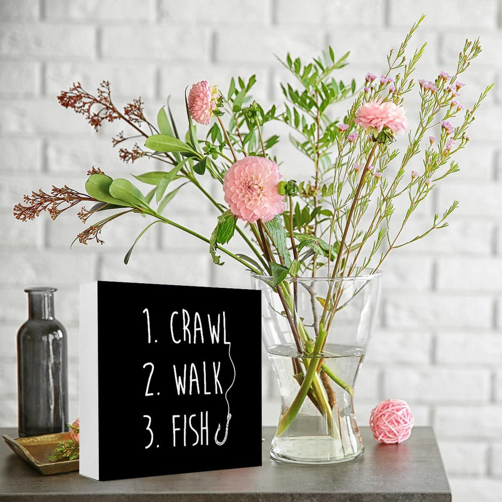 Black Crawl Walk Fish Rustic Wooden Sign, Funny Baby Fishing Wood Block Desk Decor for Home Bedroom Baby Room Shelf Table