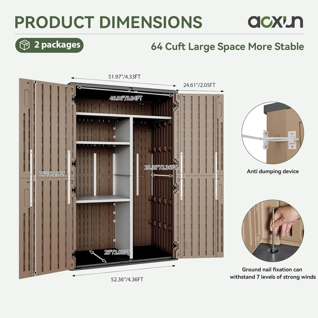 Aoxun Outdoor Storage Shed with Metal Shelving Kit & Floor, 64 Cu.Ft Large Outdoor Storage Cabinet, Waterproof Vertical Resin Shed for Garden Tools, Pool Equipment, Brown
