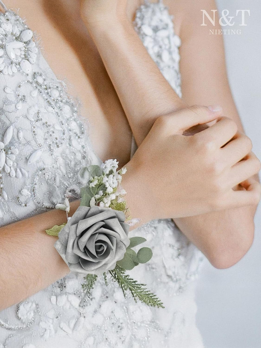 N&T NIETING Roses Artificial Flowers, 50Pcs Fake Flowers Foam Roses with Stems for DIY Wedding Bridesmaid Bridal Bouquets Centerpieces Party Home Decoration Baby Shower, Silver White and Silver Grey