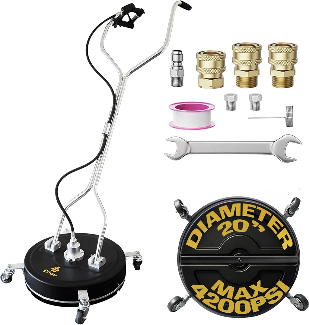 EDOU 20-Inch Dual Handle Pressure Washer Surface Cleaner, Wheels - Heavy Duty Composite Surface Pressure Washer - 4000 PSI Max - Includes 3/8-Inch Quick Connector Kit, Teflon Tape, Adapter Set