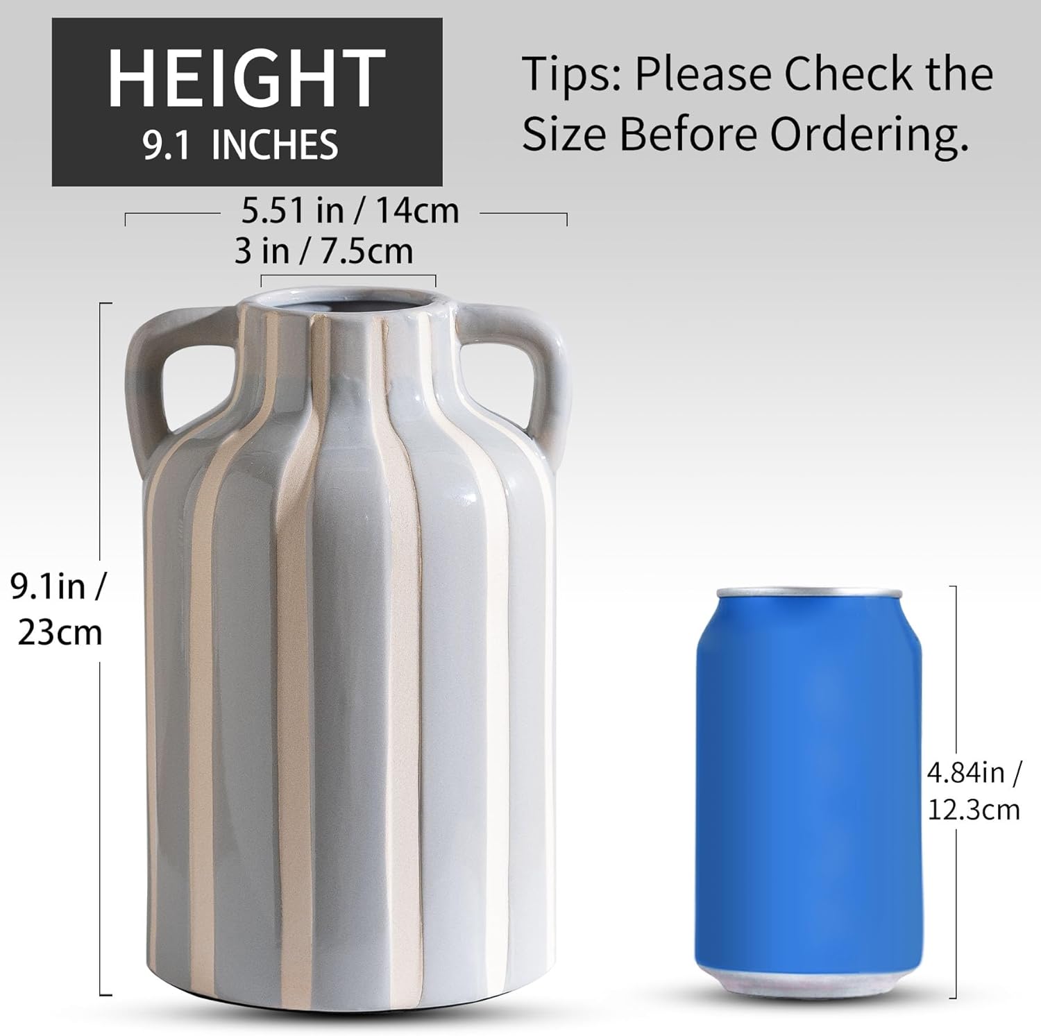 Ceramic Grey and White Checkered Stripes Vase with Handles, Hand-Painted Modern Minimalist Bohemian Floral Vases Home Decor, Cottage Core Decor, Flower Vase for Bouquet Mantle Kitchen Bookshelf 9.1 In