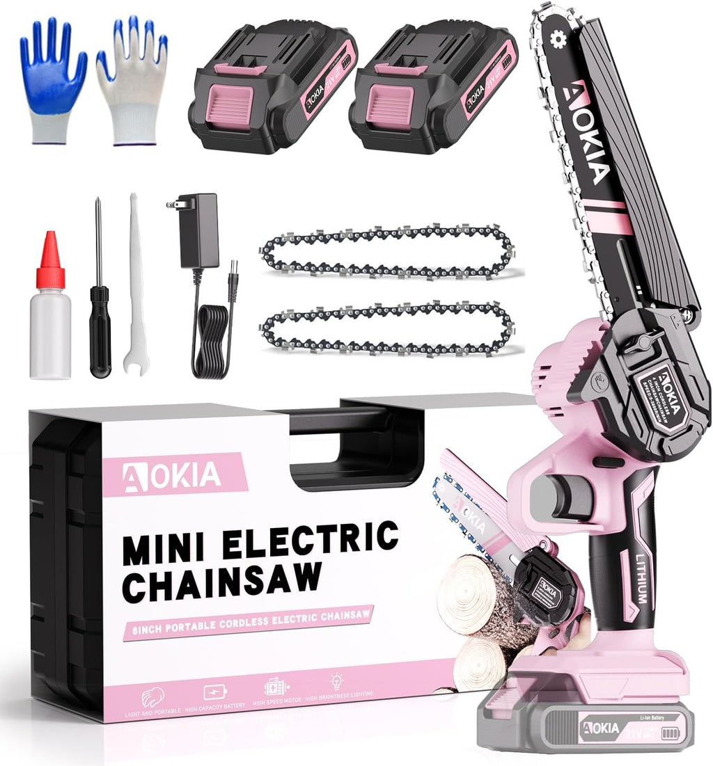 Cordless Mini Chainsaw 21V,6In Electric Chainsaw,Handheld & Portable Power Chain Saw for Tree Trimming Pruning Garden & Yard Work,2 Battery Chain Saw Gifts for Men Women Dad Pink
