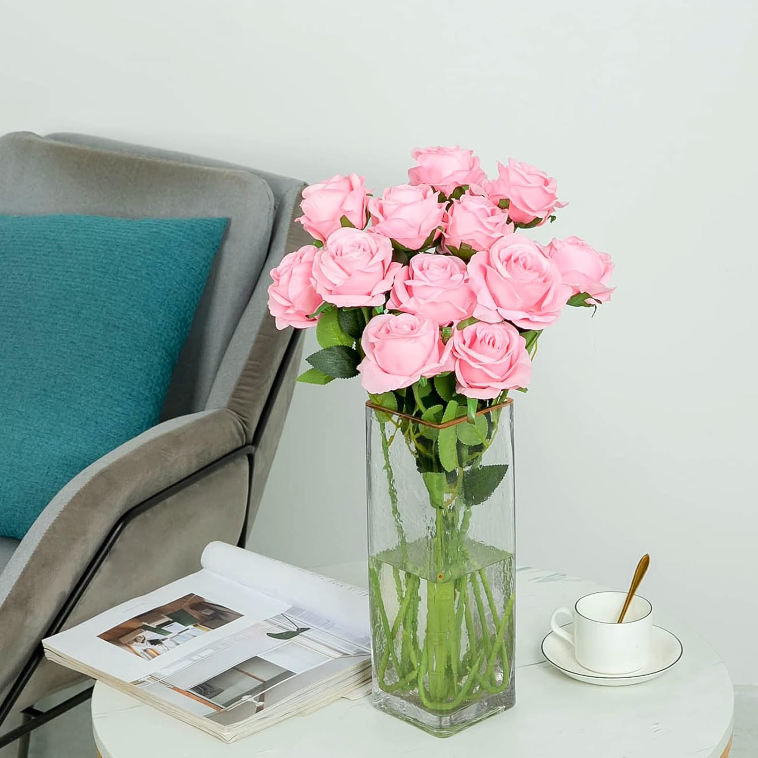 Hawesome FLORRALIA 12PCS Artificial Silk Flowers Realistic Roses Bouquet Long Stem for Home Wedding Decoration Party (12pcs-Pink) 1