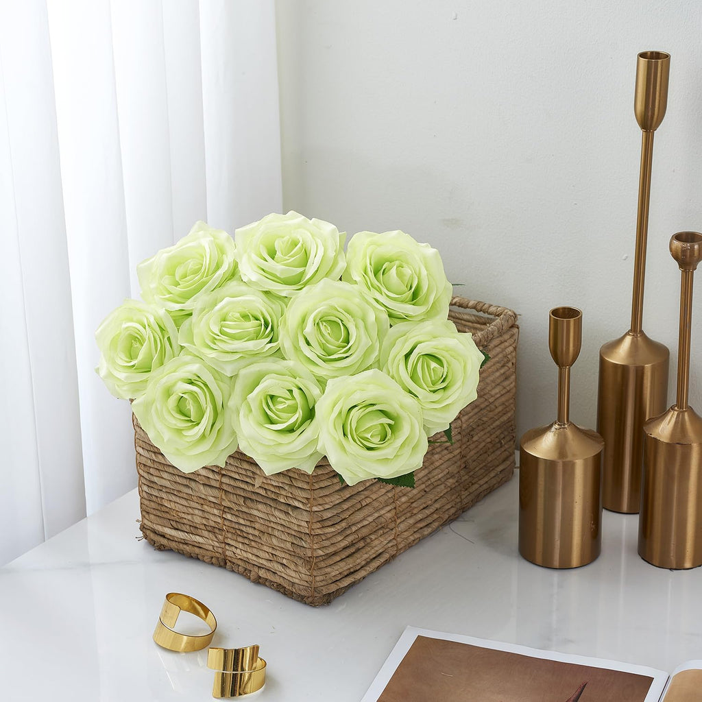 Artificial Rose 10pcs Open Flower Bouquet Faux Rose Stems for Wedding Arrangement, Bridal Bouquet, Centerpiece, Fake Faux Silk Flowers (Pale Green)