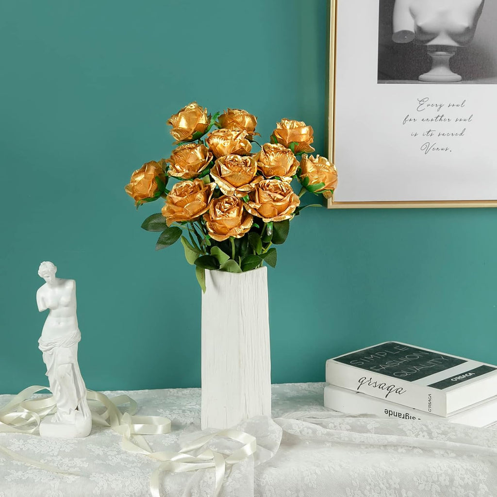 Hawesome 12PCS Artificial Silk Flowers Realistic Roses Bouquet Long Stem for Home Wedding Decoration Party (Gold-1)