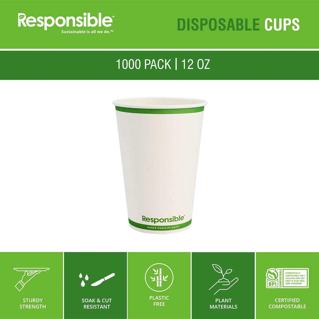 12 oz Paper Hot Cups, Tree-Less™ Compostable Paper Coffee Cups, Extra Strength, Tree-Free and Made Without PFAS, White (1000 Count)