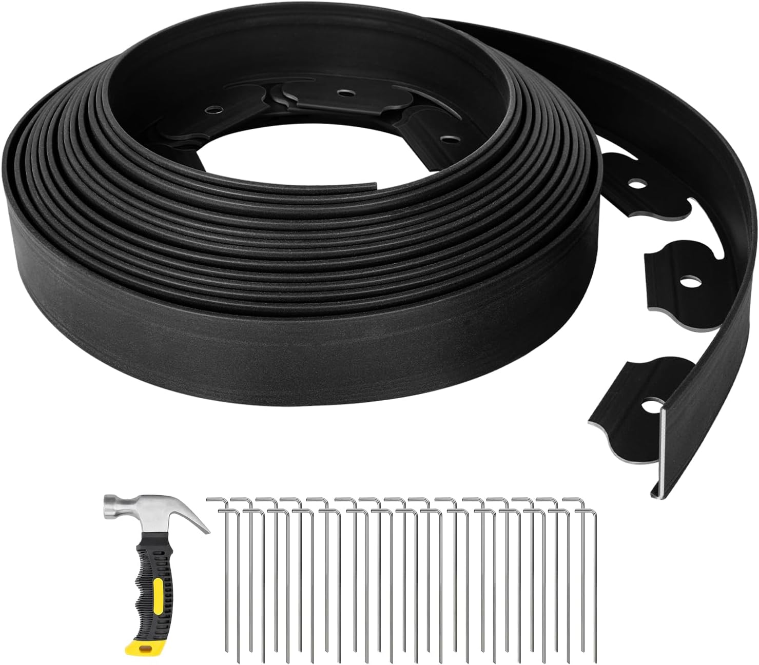 GROWNEER 33FT Landscape Edging Flexible 2 inch Tall Garden Border with 30pcs Galvanized Steel Anchoring Spikes and Hammer Lawn Edging Kit for Flower Bed, Pathway, Landscaping Project, Black
