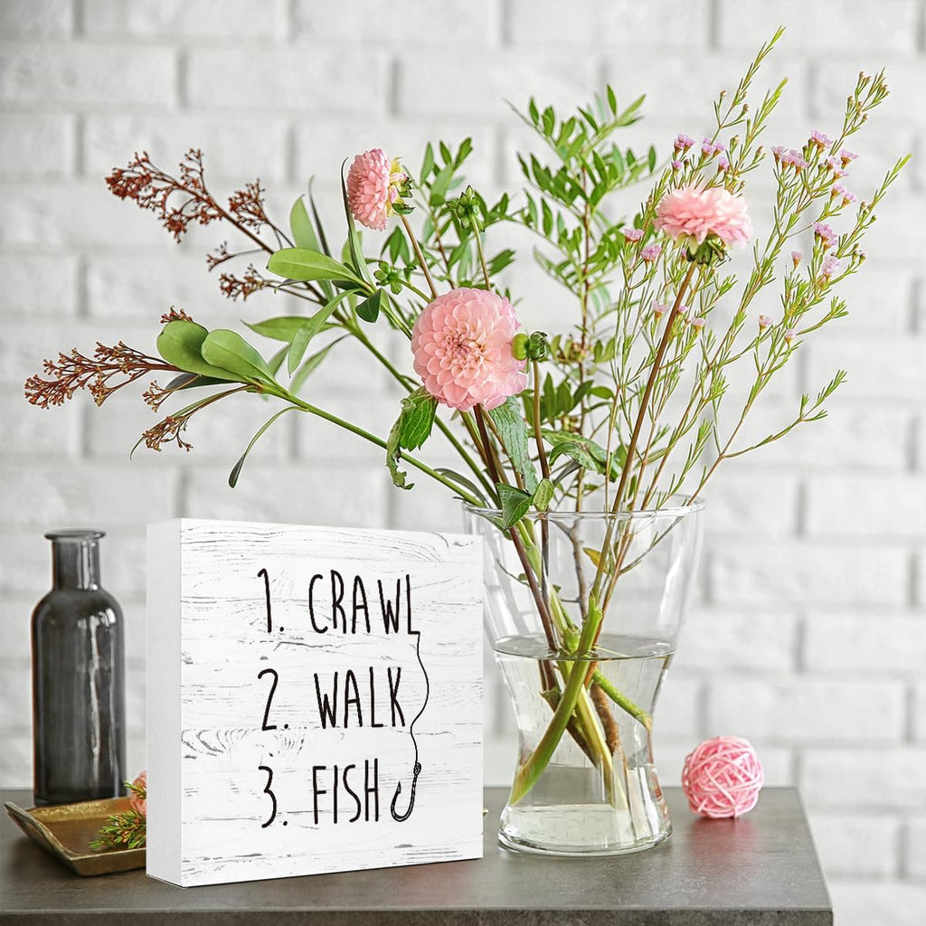 White Crawl Walk Fish Rustic Wooden Sign Desk Decor, Funny Baby Fishing Wood Block Sign for Home Bedroom Baby Room Shelf Table