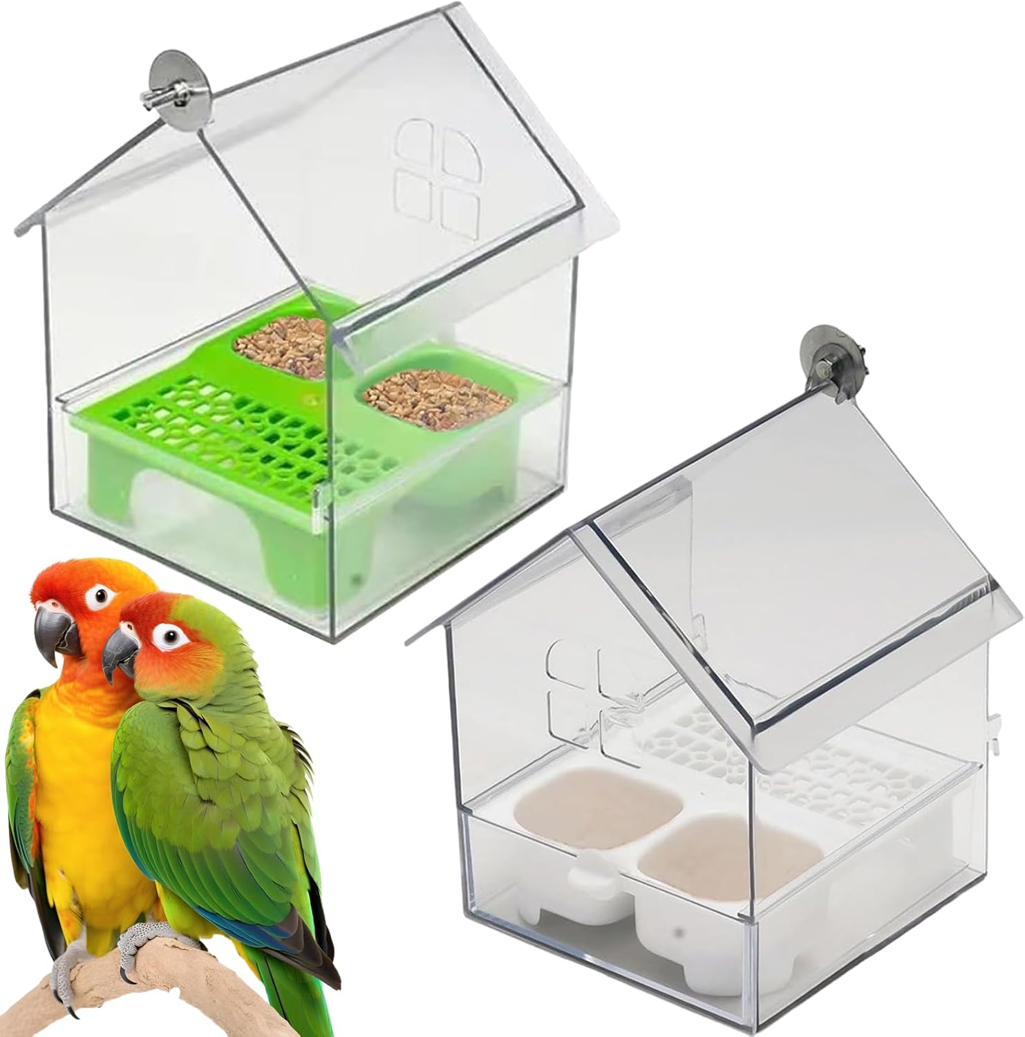 Ziveseller/Sowhathow Pull-Out External Parrot Feeder, Parrot Feeder Parakeet House Bird Bath Transparent Dish Water, Hanging Wild Bird Seed with Squirrel Proof Tray (Mix*2)
