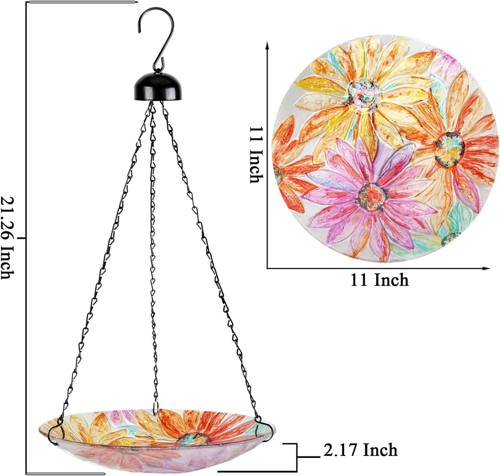 VCUTEKA Hanging Bird Bath, Glass Bird Baths for Outdoors Birdfeeder with 21 inch Rust-Proof Chain for Garden Yard Decor, Flower