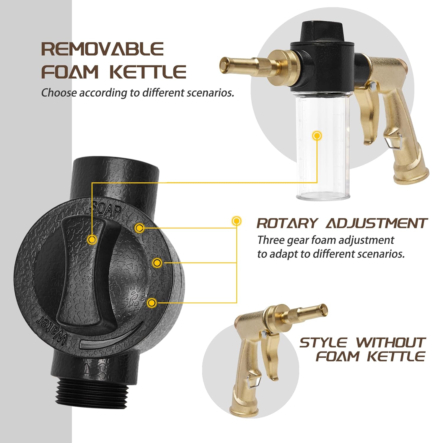 Garden Hose Nozzle Sprayer with 3.5oz Plastic Soap Dispenser Bottle, Heavy Duty High Pressure Car Wash Foam Gun, Adjustable Nozzle for Gardening, Solar Panel Cleaning, Pet Showering (Brass)