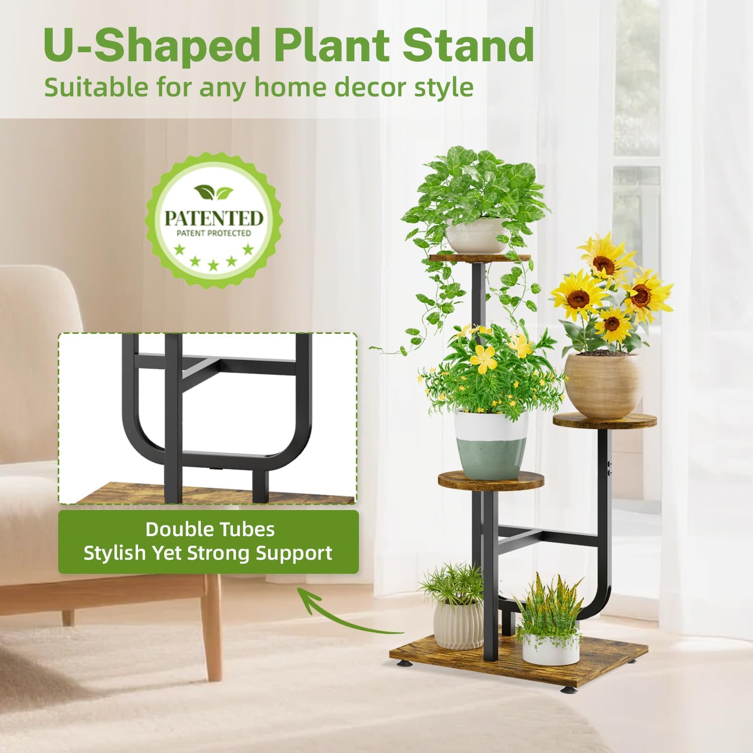 iDavosic.ly 3 Tier Plant Stand Indoor, Corner Tiered Multiple Flower Holder Shelf with Wooden Trays, Orchid Display Metal Rack for Patio Porch Living Room Balcony Outdoor, Modern Black & Rustic Brown