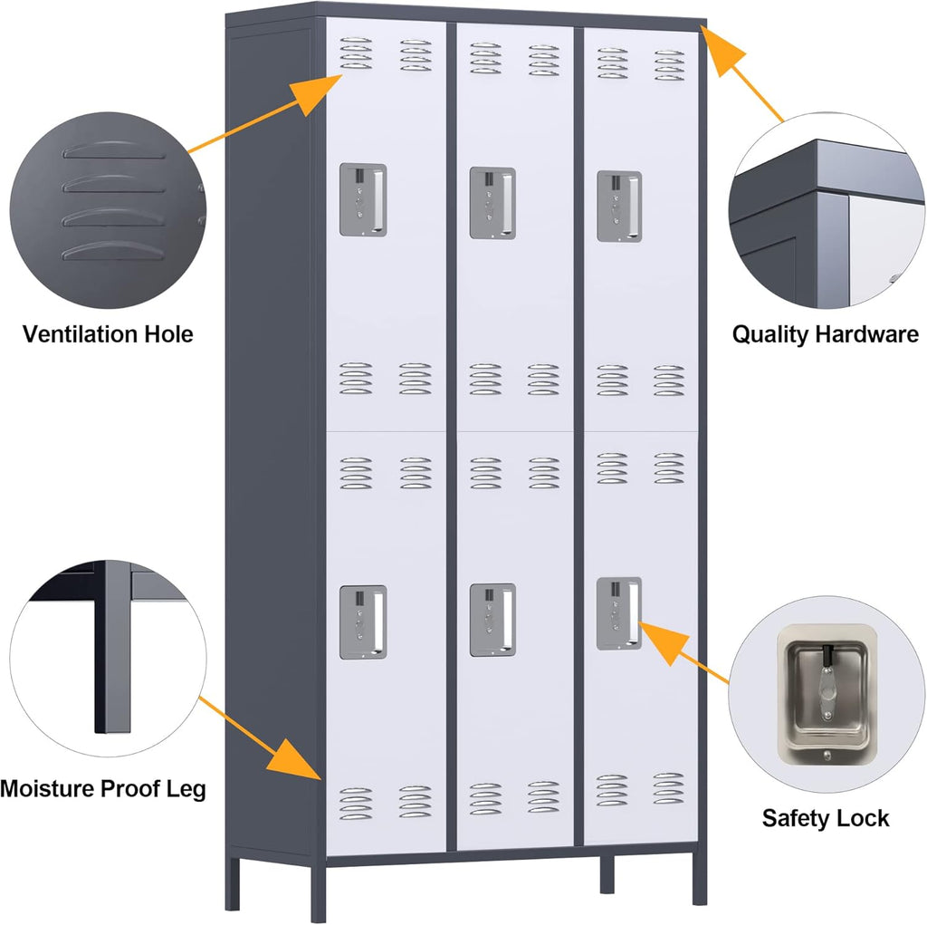 METAN Metal Locker for School Office Gym Bedroom,6 Doors Steel Storage Locker Cabinet for Employees,Industrial Storage Locker with 1 Shelves,Assembly Required,Gray+White…