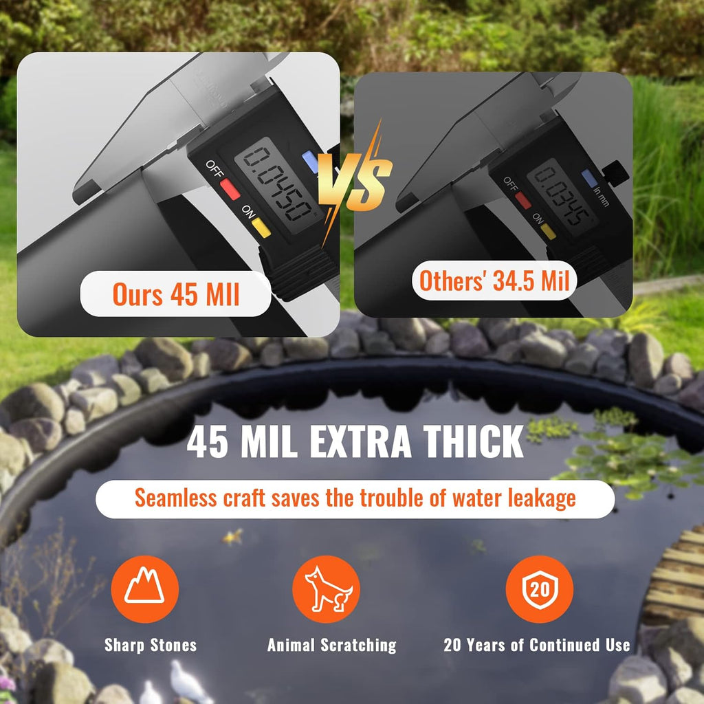 VEVOR 30 x 35 ft Pond Liner, 45 Mil Thickness, Pliable EPDM Material, Easy Cutting Underlayment for Fish or Koi, Features, Waterfall Base, Fountains, Water Gardens, Black