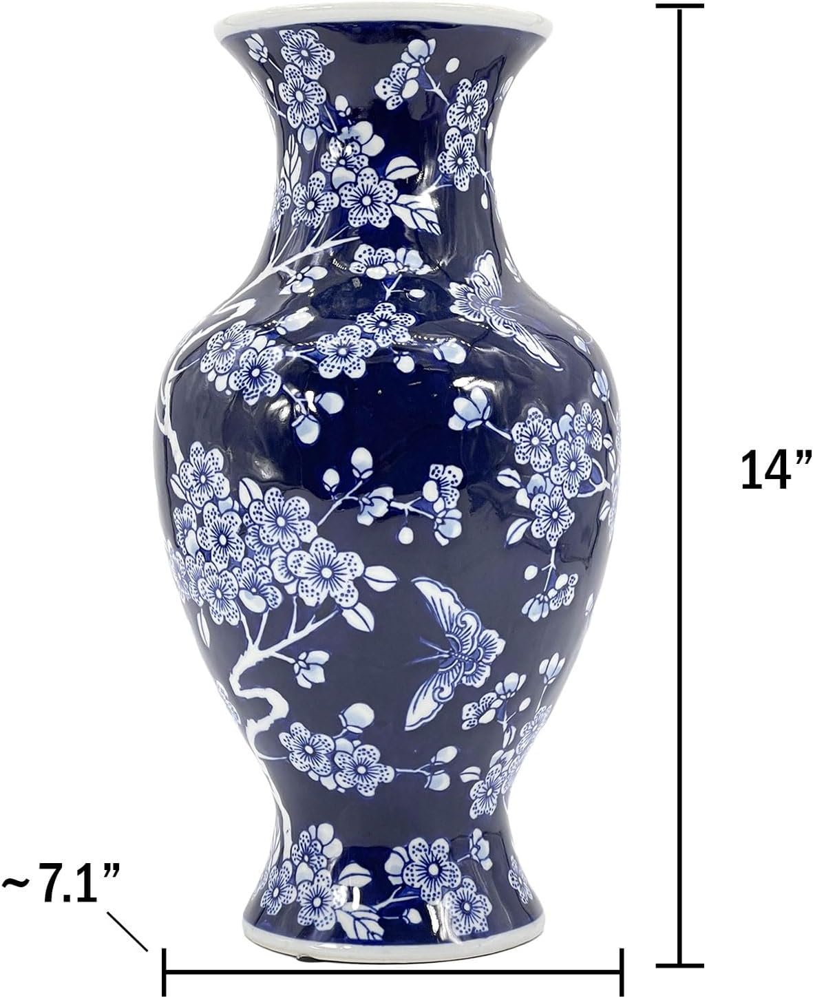 Galt International Dark Blue Floral Chinoiserie Ceramic Vase 14"- Hand Painted Antique Style Porcelain Butterfly & Flower Bottle Fishtail Porcelain Chinese Vase for Home Decor Centerpiece