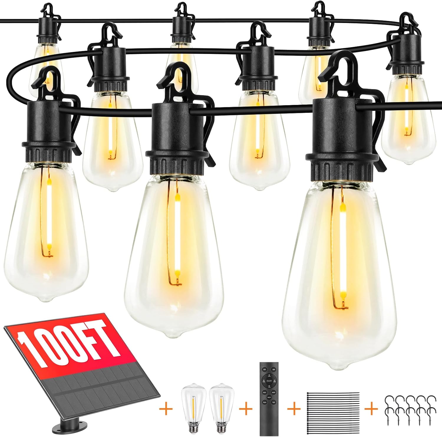 Solar Lights Outdoor String light patio deals 100FT with 32 Shatterproof, solar String Lights Outdoor Waterproof with Remote ST38 Vintage Edison Bulbs,Waterproof Hanging Lights for Outside Backyard