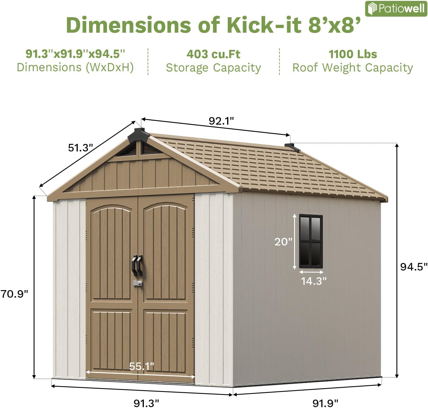 Patiowell 8 x 8 FT Plastic Outdoor Storage Shed with Floor, Resin Shed with Window and Lockable Door for Garden, Backyard, Tool Storage Use, Easy to Install in Brown (Kick-it Shed)