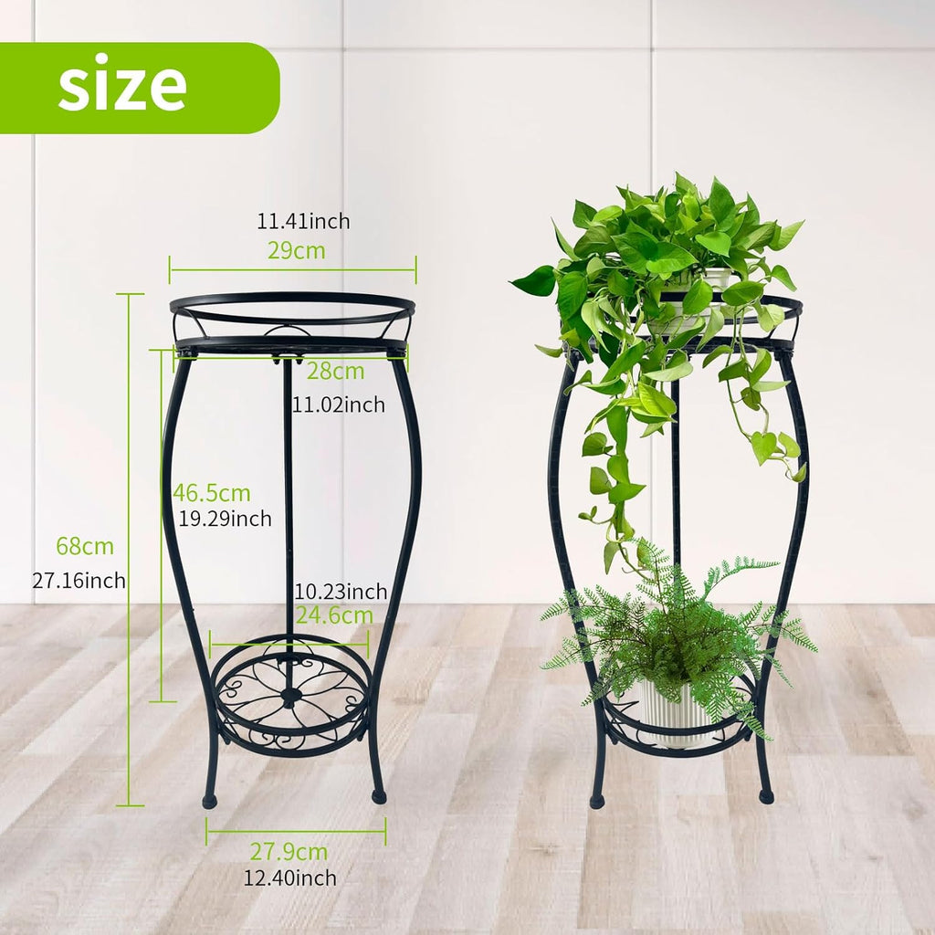 Plant Stand Indoor Outdoor 2 Tier 27.1 inch Tall Black Metal Rustproof Stable Plant Stands Multiple Plant Round Supports Rack for Planter Corner Garden Balcony Patio