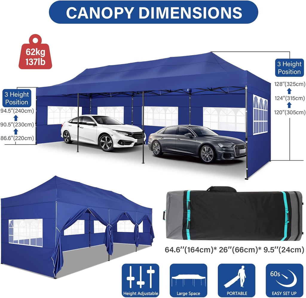 COBIZI 10x30 Pop up Canopy Heavy Duty with 8 Sidewalls, Easy Set-up Commercial Outdoor Party, 100% Waterproof Wedding Canopy Gazebo, 3 Height Adjustable with Wheeled Bag, Dark Blue