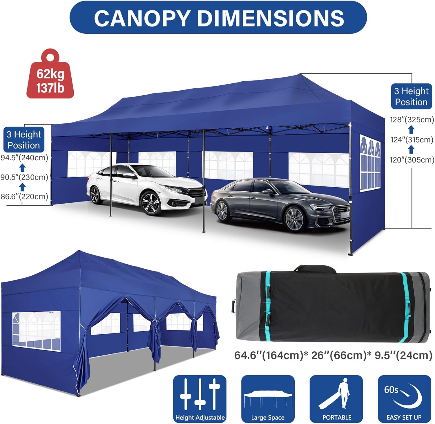 COBIZI 10x30 Pop up Canopy Heavy Duty with 8 Sidewalls, Easy Set-up Commercial Outdoor Party, 100% Waterproof Wedding Canopy Gazebo, 3 Height Adjustable with Wheeled Bag, Dark Blue