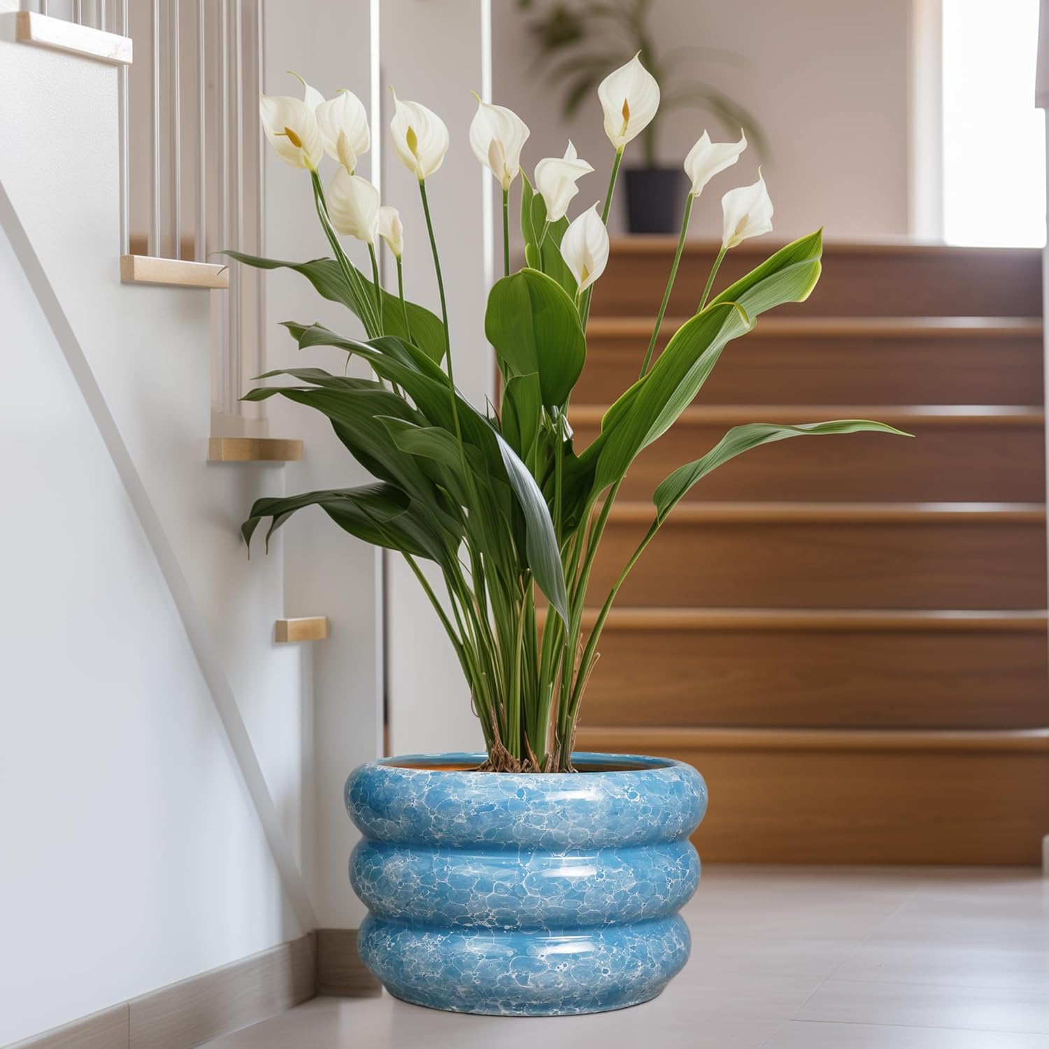 SQOWL Ceramic Plant Pot Indoor with Drainage Hole 13.5 Inch - Large Outdoor Planter Ceramic Flower Pot Modern Round Planter Decorative Plant Pot for Outdoor Porch Decor Blue