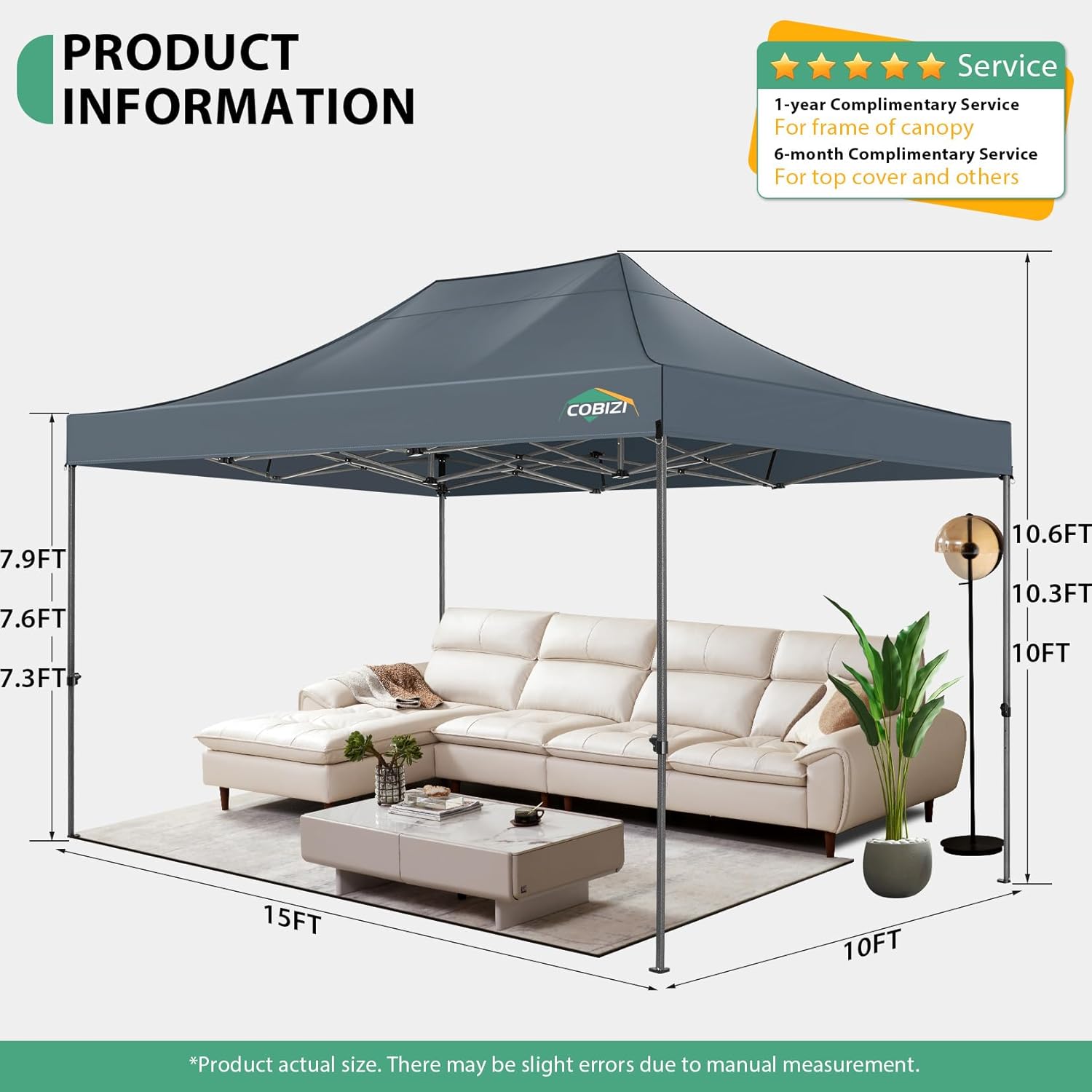 COBIZI 10x15 Pop up Canopy Heavy Duty Without Sidewalls, Easy Set-up Commercial Outdoor Party Canopy, 100% Waterproof Wedding Gazebo, 3 Height Adjustable with Handbag, Gray