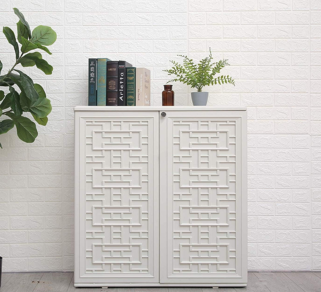 HOMSPARK Indoor/Outdoor Storage Cabinet with Doors and Shelf, 34”x16”x36” HDPE Plastic Storage Box for Patio, Bedroom, Bathroom, Living Room, Balcony, Multi-Purpose for Daily Tools, White