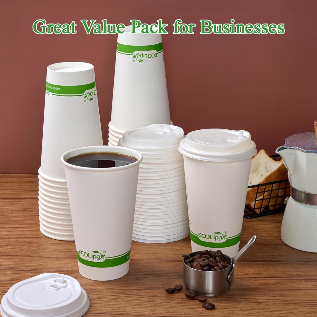 ECOLipak 100 Count 16 oz Compostable Paper Coffee Cups, Biodegradable Disposable Coffee Cups with CPLA Lid, Eco-friendly Hot Drinking Cups for Parties, Picnics, Travels,and Events