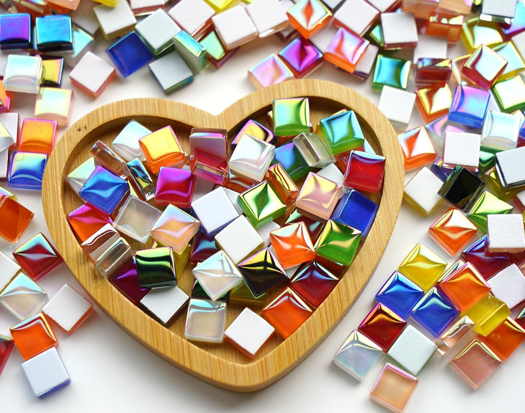 1100pcs Mixed Colors Iridescent Mosaic Tiles, 2.2lbs Crystal Glass Tiles, 3/8" Square Mosaic Tiles with Smooth Edges, 1KG Small Stained Glass Pieces Great for DIY Mosaic Crafts, Home Decor