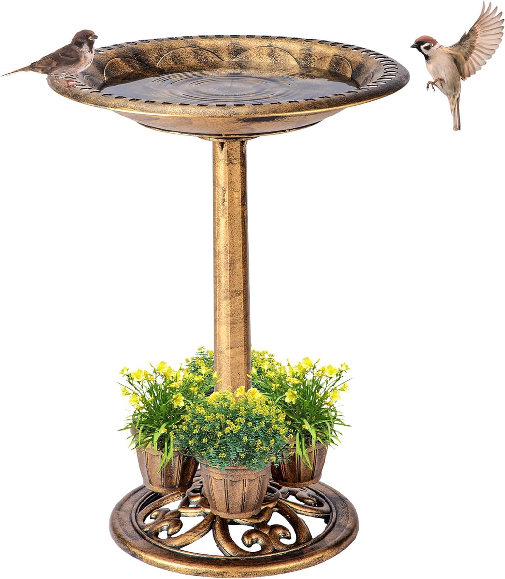 Bird Bath for Outside with 4 Removable Flower Planters 28in Polyresin Lightweight Vintage Birdbath for Outdoors Stake Standing Bowl and Water Feeder Yard Garden Decor Bronze