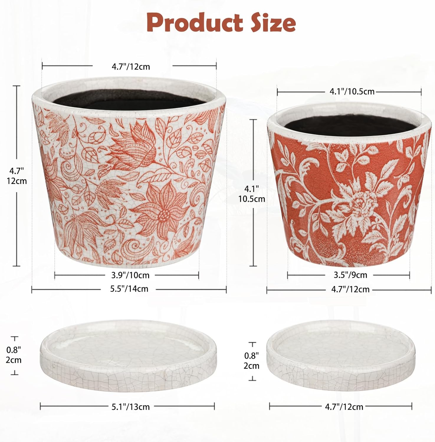 Set of 2 Ceramic Pink Orange Plant Pots with Drainage Hole and Saucers, Vintage Farmhouse Accent Planters for Indoor Plants, Round Flower Pots Rustic Succulent Pot Terracotta Tubs 5.7/4.7 Inch