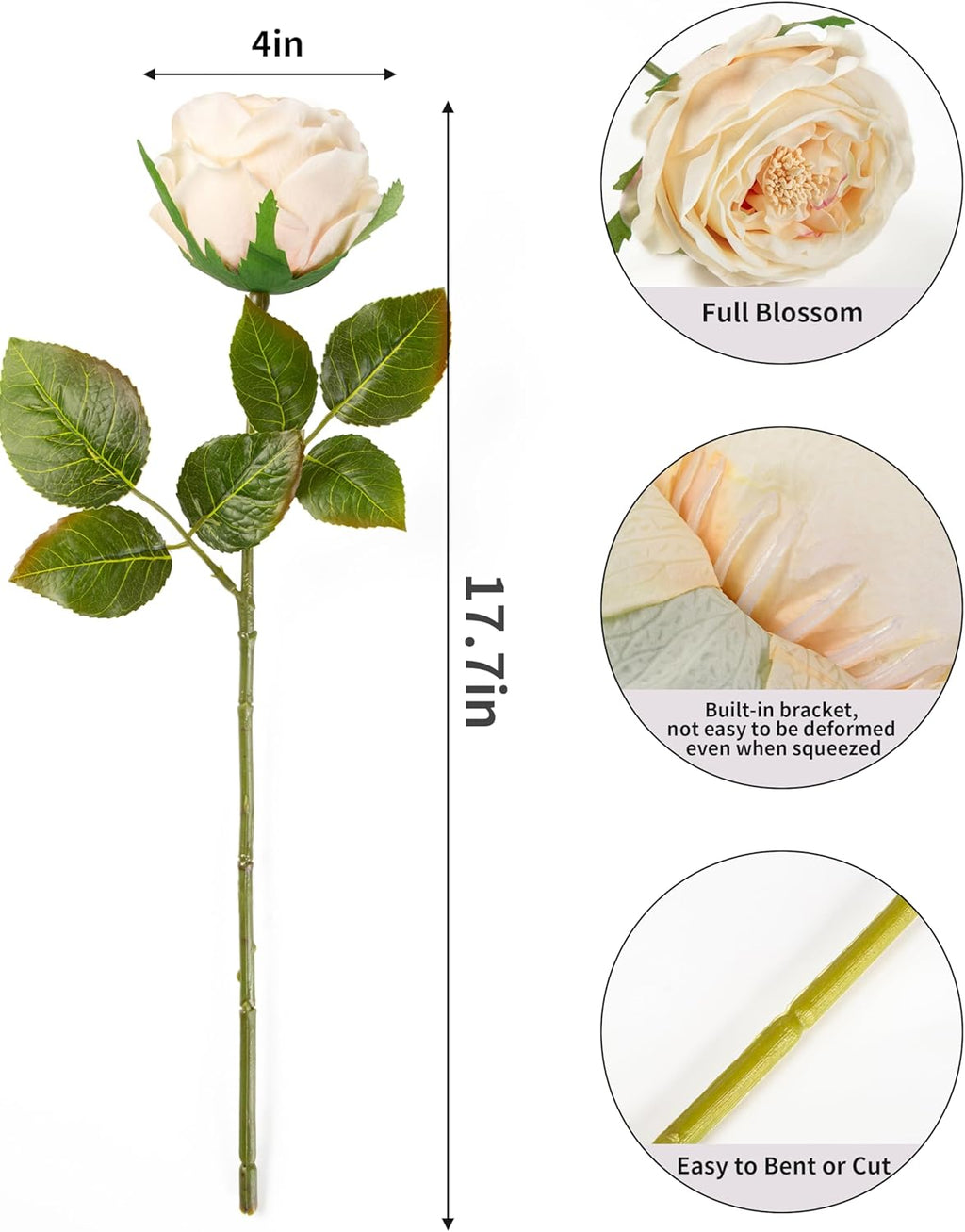 DuHouse 5Pcs Silk Roses Fake Champagne Roses with Stems Real Touch Rose Artificial Flowers for Arrangement Wedding Party Home Decoration