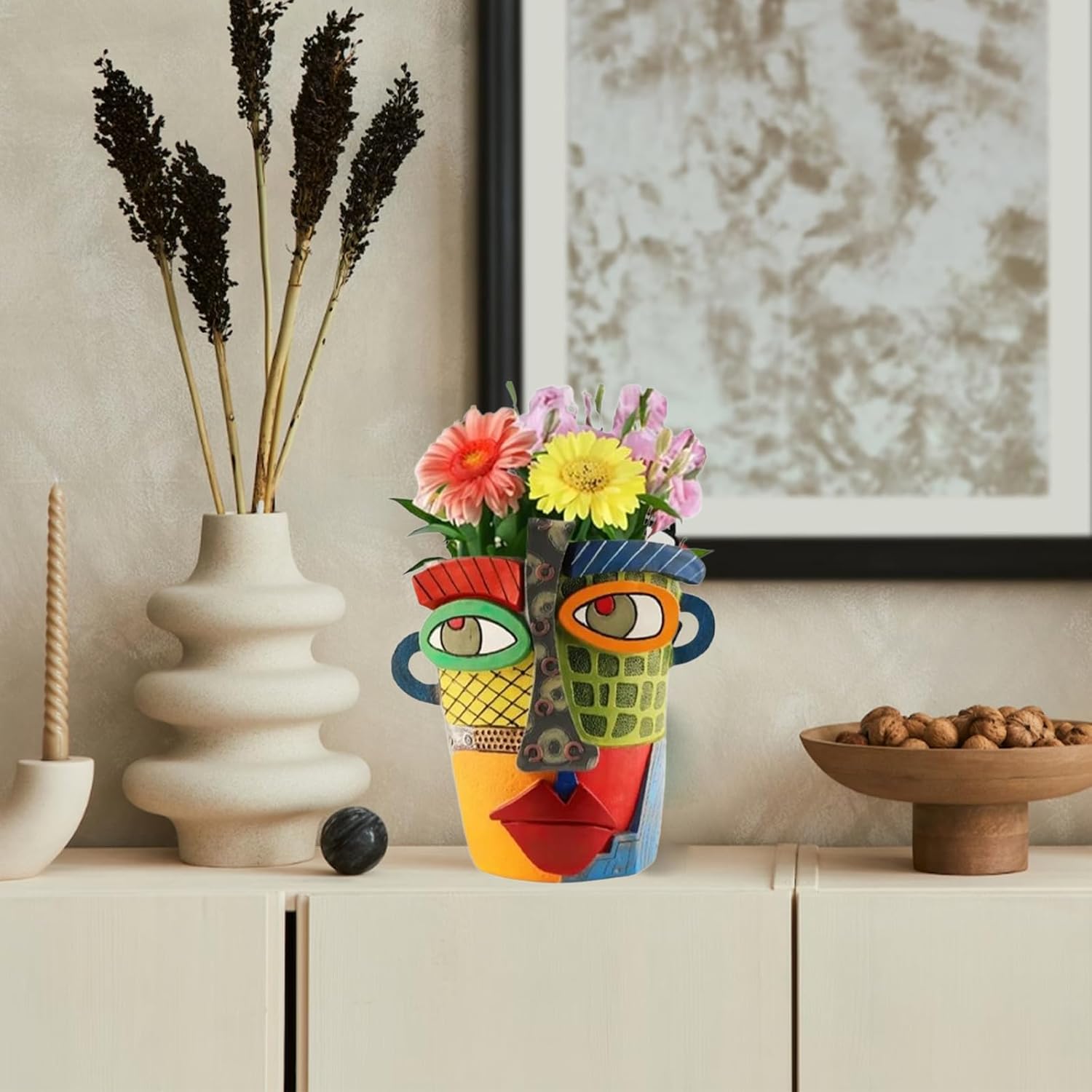 TOZLU Picasso Brutalist Abstract Beauty Flower Pot Ornaments Head Planter Pots Container Face Planters Pots Head Colorful Face Art Resin Flower Pot (Modern Big)
