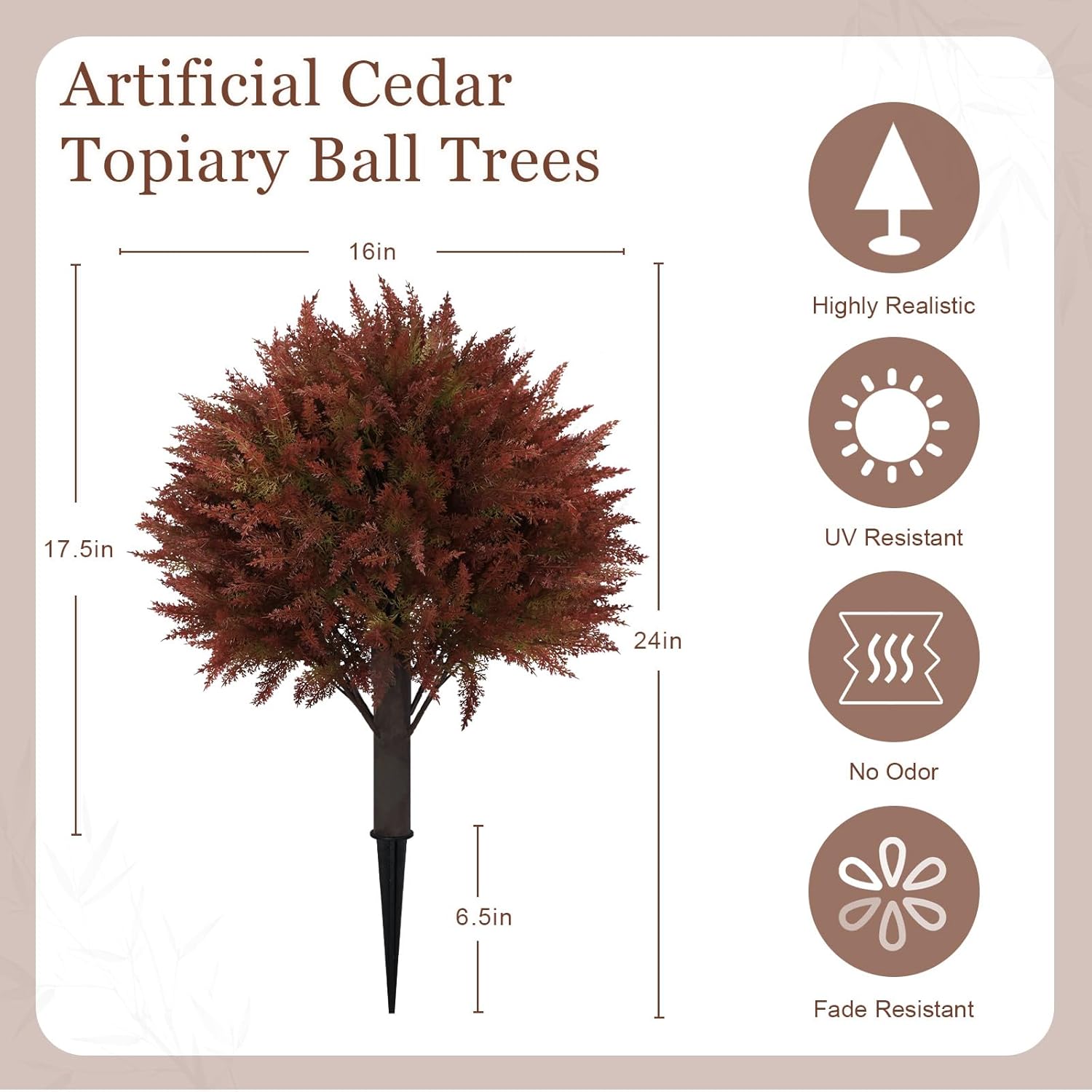 24" Artificial Cedar Topiary Ball Bushes, Set of 2 UV Resistant Fake Trees Outdoor Shrubs with Stake, Weatherproof Faux Plants for Planter, Front Porch, Garden, Yard, Patio Fall Decor