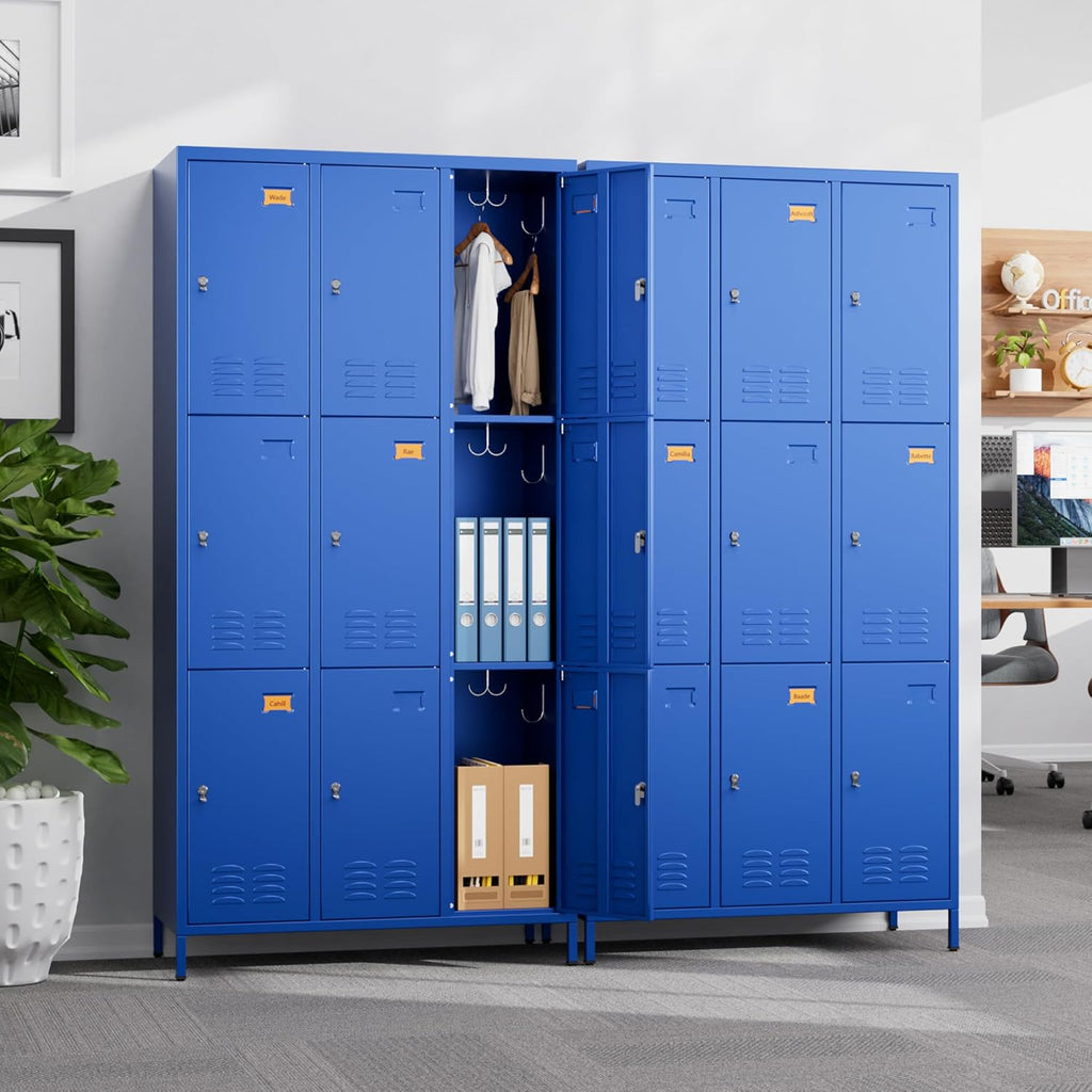 9 Doors Metal Lockers for Employees with 27 Hooks, Storage Locker with Business Card Holder for Office Gym School Bedroom, Assembly Required, Blue