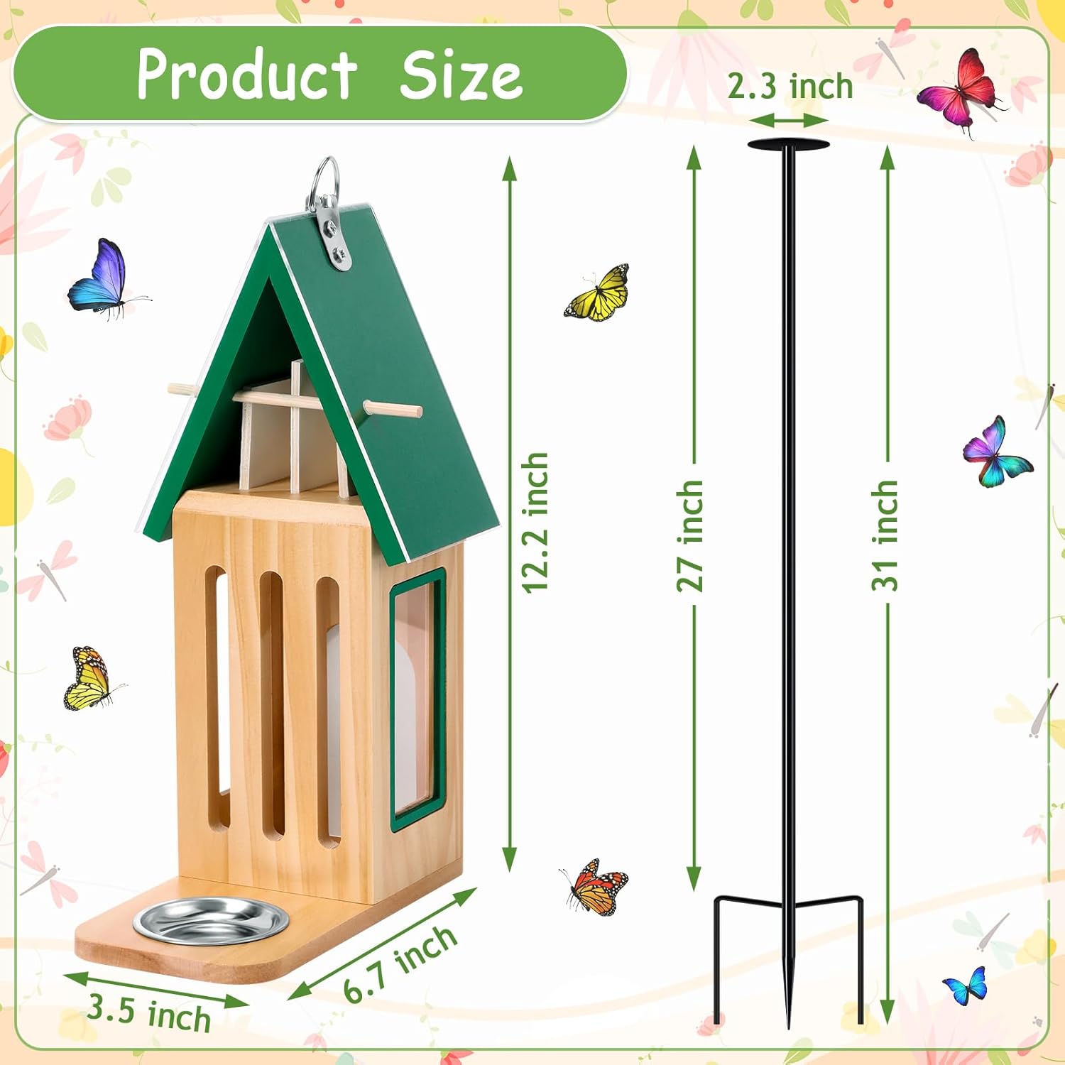 New Upgraded Butterfly House and Feeder for Outside - Wooden Butterfly House with Metal Stake for Garden Backyard, Natural Butterflies Habitat with Puddler on Floor or Hanging on Tree Wall