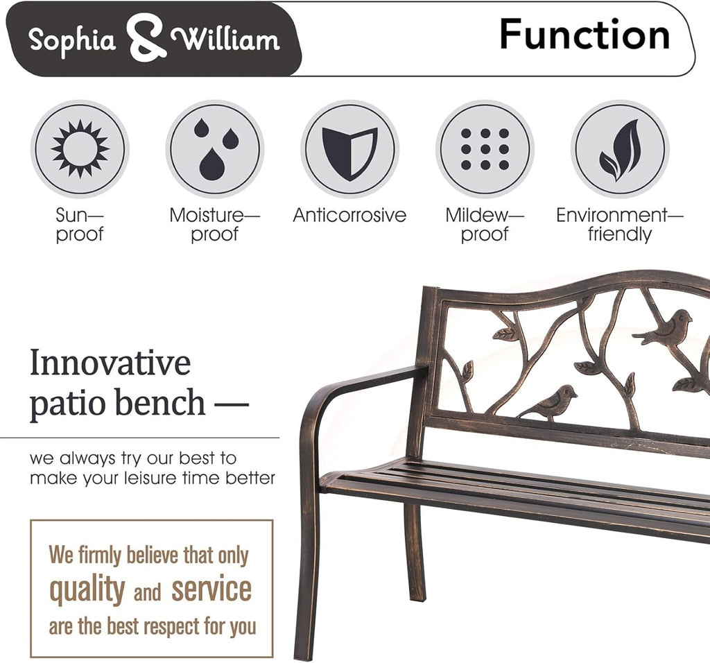 Sophia & William Outdoor Bench, Porch Bench, Garden Bench, Wrought Iron Bench with Backrest and Armrests, Bronze