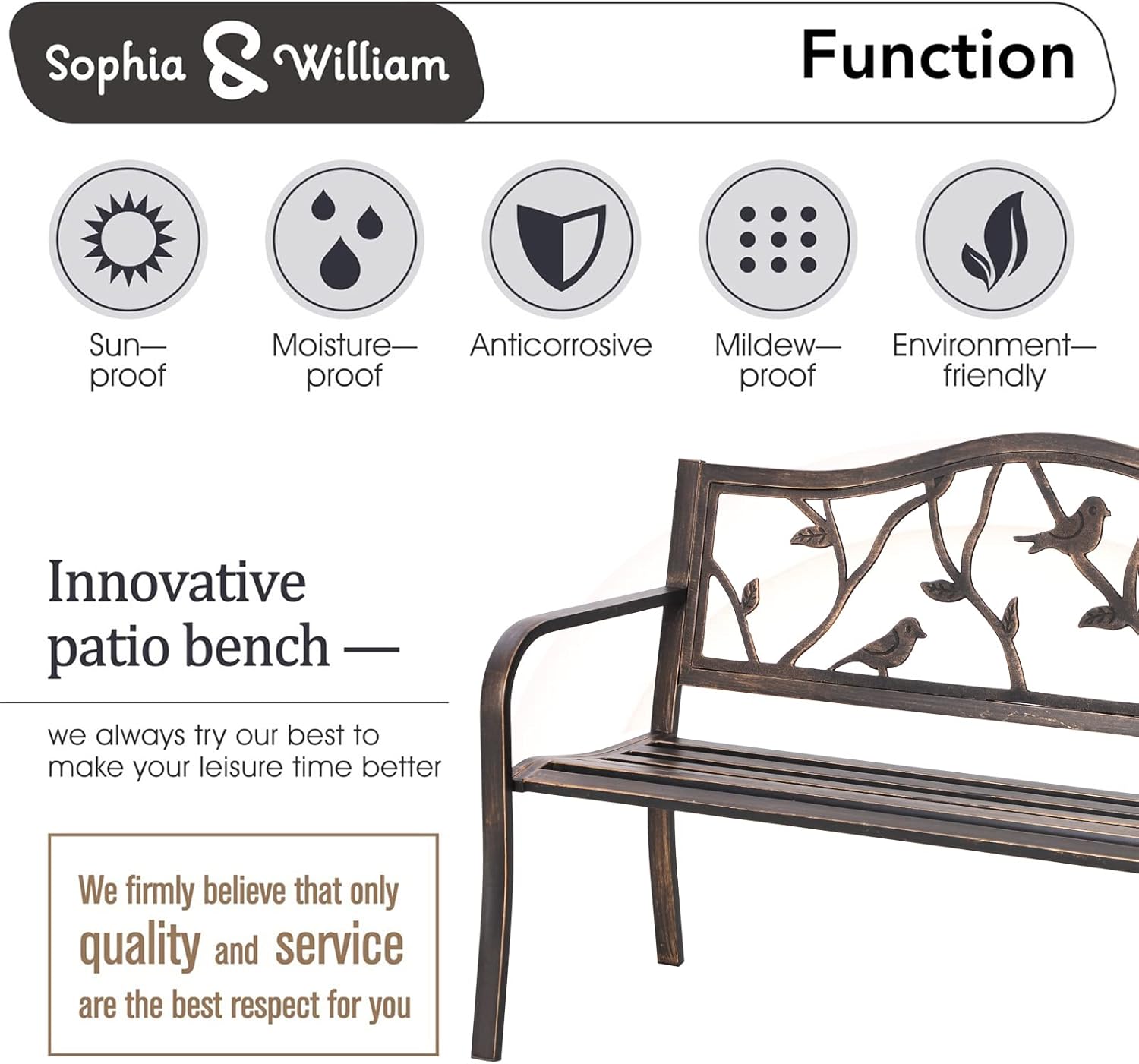 Sophia & William Outdoor Bench, Porch Bench, Garden Bench, Wrought Iron Bench with Backrest and Armrests, Bronze
