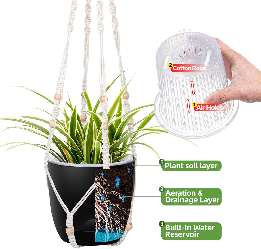 2-Pack 7.1-Inch Self-Watering Hanging Planters for Indoor & Outdoor Plants,34Inch Macrame Hanger Plant Pots Indoor with Drainage,Small Hanging Planters & Baskets,With Two Sets of Hooks（Pure black）
