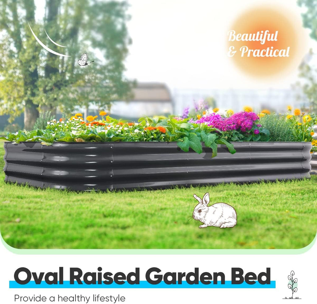 Quictent Galvanized Raised Garden Bed Kit, 8x4x1 ft Oval Metal Planter Box for Vegetables, Rubber Strip Edging Included (Dark Gray)