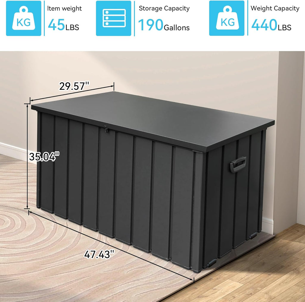 190 Gallon Metal Deck Box, Waterproof Steel Outdoor Box, Large Patio Furniture Storage Cabinet, Lockable Storage Bench for Porch Package Delivery, Pillows, Cushions, Pool, Tools, Backyard, Grey