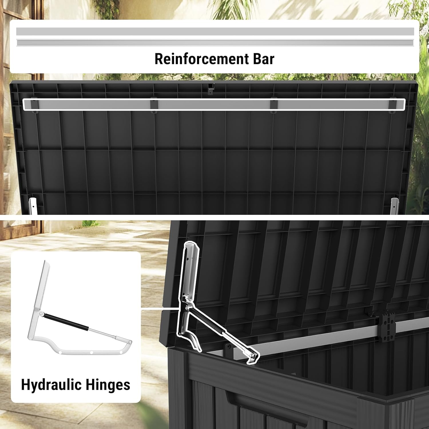 Mars Villa 150 Gallon Outdoor Storage Box Waterproof, Large Resin Deck Box for Outdoor Patio Furniture Cushions, Pool Supplies, Garden Tools, with Hydraulic Hinge, UV-Resistant and Weatherproof, Black