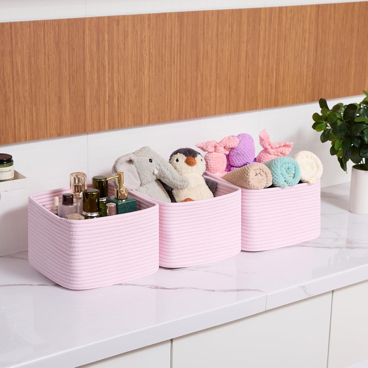 Small Organizing Baskets for Cubes Shelf, 9.7x9.7x7.1 Inch Rope Woven Storage Bins for Nursery Shelves Storage, Cute Toy Basket, Square 3 Packs Light Pink