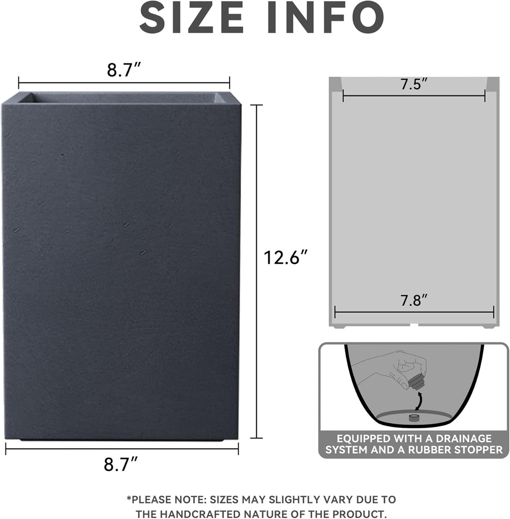 Kante 12.6" H Tall Rectangular Concrete Planters, Outdoor Indoor Lightweight Plant Pots with Drainage Hole and Rubber Plug, Modern Style for Home Garden Patio, Charcoal