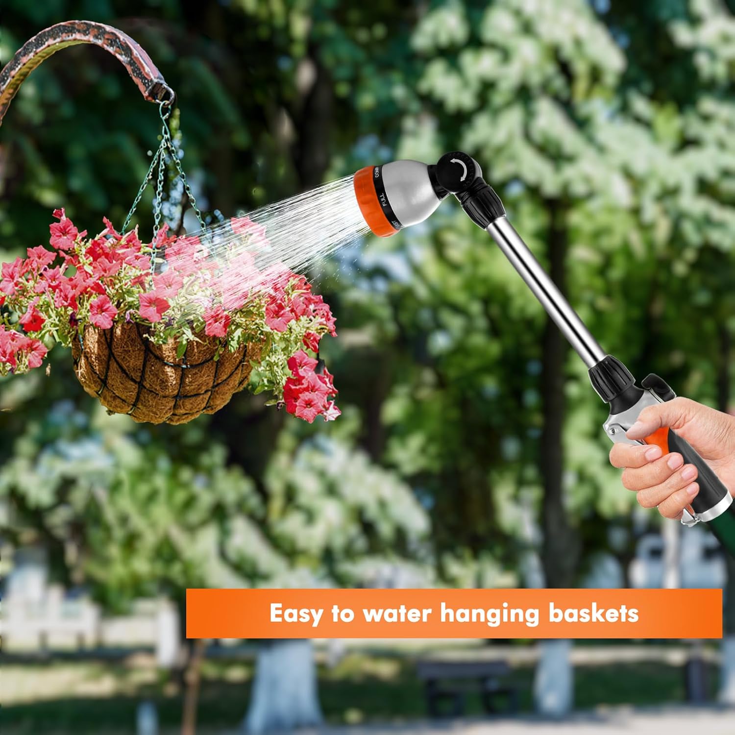 RESTMO Metal Watering Wand, Heavy Duty Garden Hose Wand with 180° Swivel Ratcheting Head, 16'' Hose Nozzle Sprayer with 7 Spray Patterns and Flow Control, for Water Hanging Baskets and Shrubs, Orange