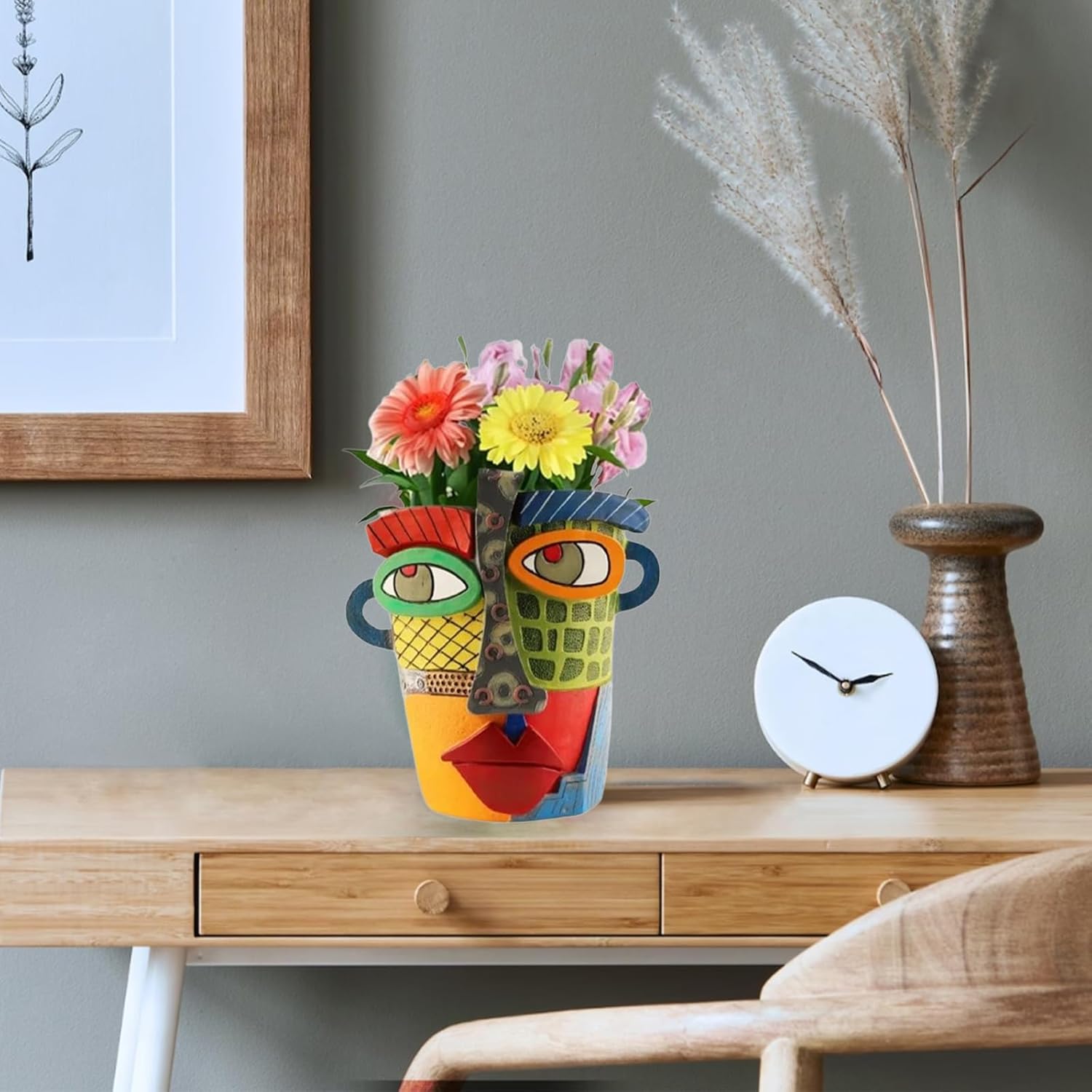 TOZLU Picasso Brutalist Abstract Beauty Flower Pot Ornaments Head Planter Pots Container Face Planters Pots Head Colorful Face Art Resin Flower Pot (Modern Big)