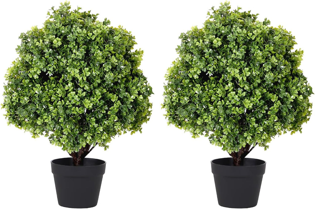 THE BLOOM TIMES 2ft Faux Boxwood Plants Outdoor Set of 2, Topiary Balls Artificial Outside Trees, 24" UV Resistant Fake Greenery Bushes & Shrubs for Front Porch Planter