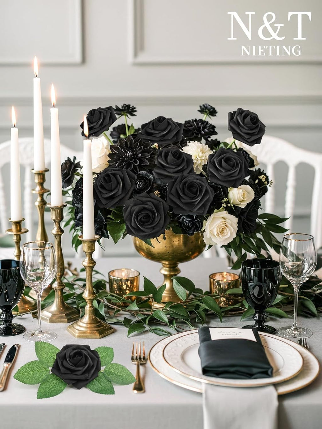 N&T NIETING Artificial Flowers Black Rose 25pcs Real Touch Flowers Perfect for for DIY Bouquets Wedding Party Baby Shower Home Halloween Decoration