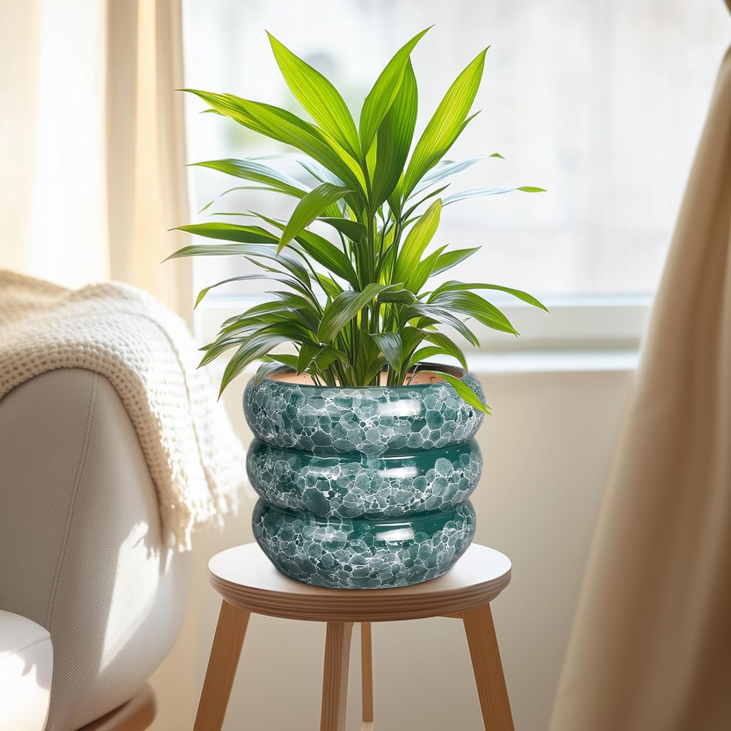 SQOWL 8 Inch Pot for Plants Indoor - Ceramic Planter Medium Plant Pot with Drainage Hole Round Flower Pot Outdoor Mid-Century Planter for Entry Way Table Home Decor Green