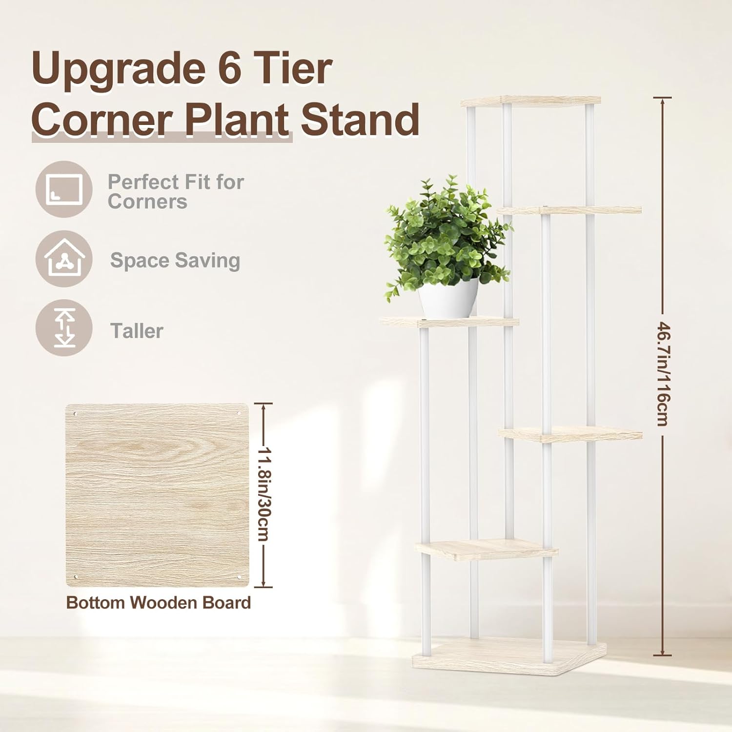6 Tier Tall Plant Stand Indoor, Large Metal Wood Muti Level Vertical Planter Shelf Orchid Holder for Narrow Corner, Sturdy Heavy Duty Flower Display Rack for House Decor Living Room Bedroom, White